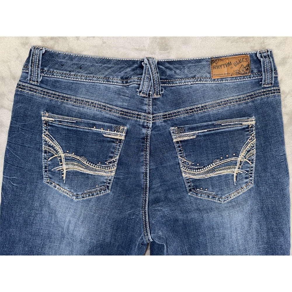 Rhythm‎ In Blues Cutoff Capri Jeans Sz 10 Mid Rise Stretch Med Wash Thick Stitch - Picture 13 of 16